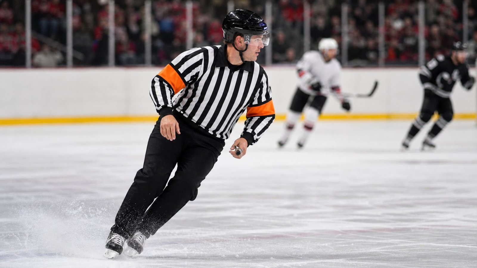 Ice hockey referee skating with live play