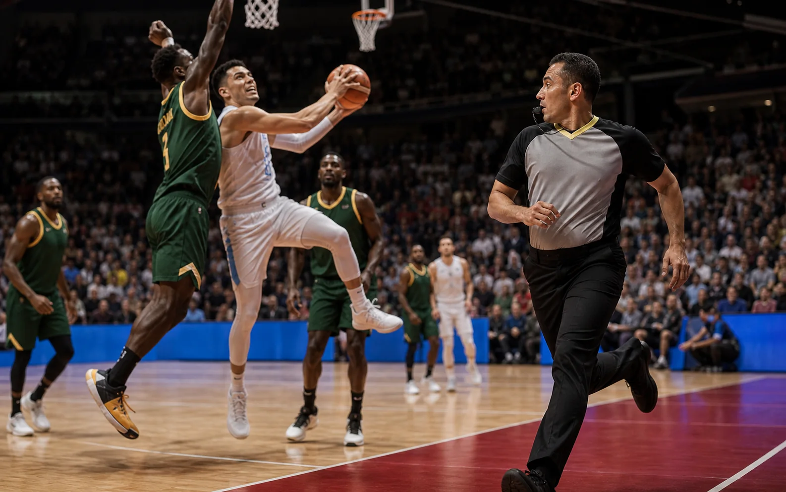 International basketball referee judging contact near the basket